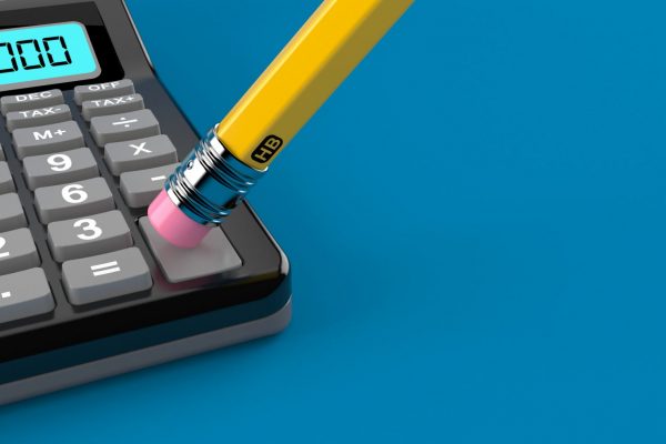 Photo of a calculator and a pencil. The pencil is turned upside down and the eraser is being used to clear the figures on the calculator.